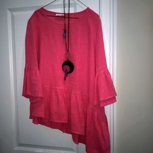 Bright pink 100% linen Bryn Walker asymmetrical Franci bell sleeve top.  Size S.